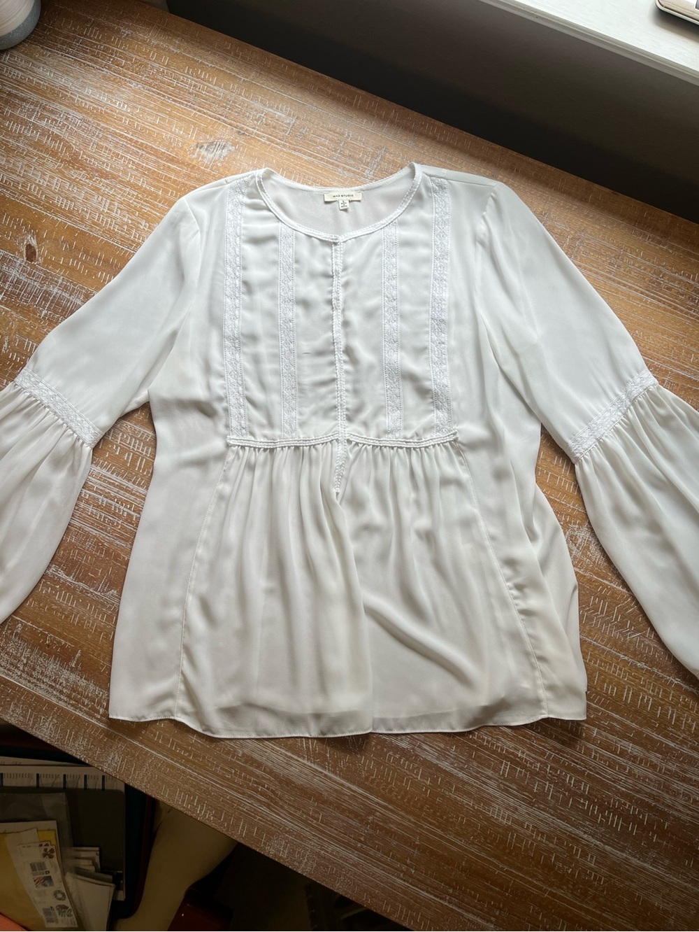 Max Studio Women’s White Peasant Blouse with Lace Trim